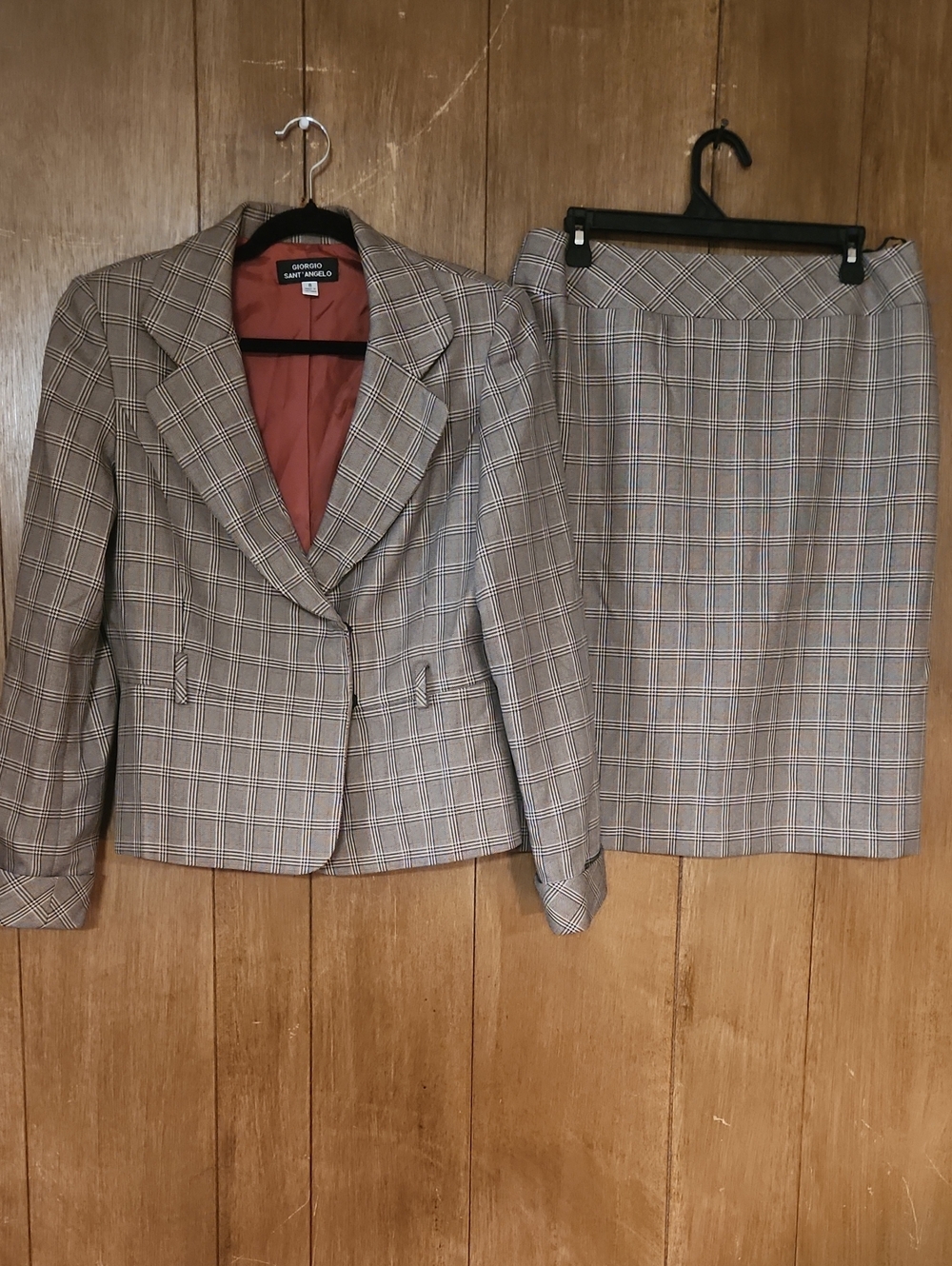 Plaid Two-Piece Blazer & Pencil Skirt Suit in Taupe and Black